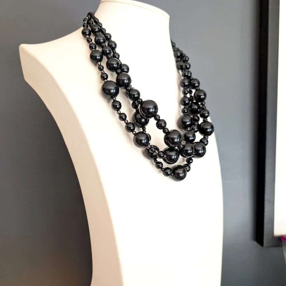 Talbots chunky glossy black and hematite beaded layered necklace